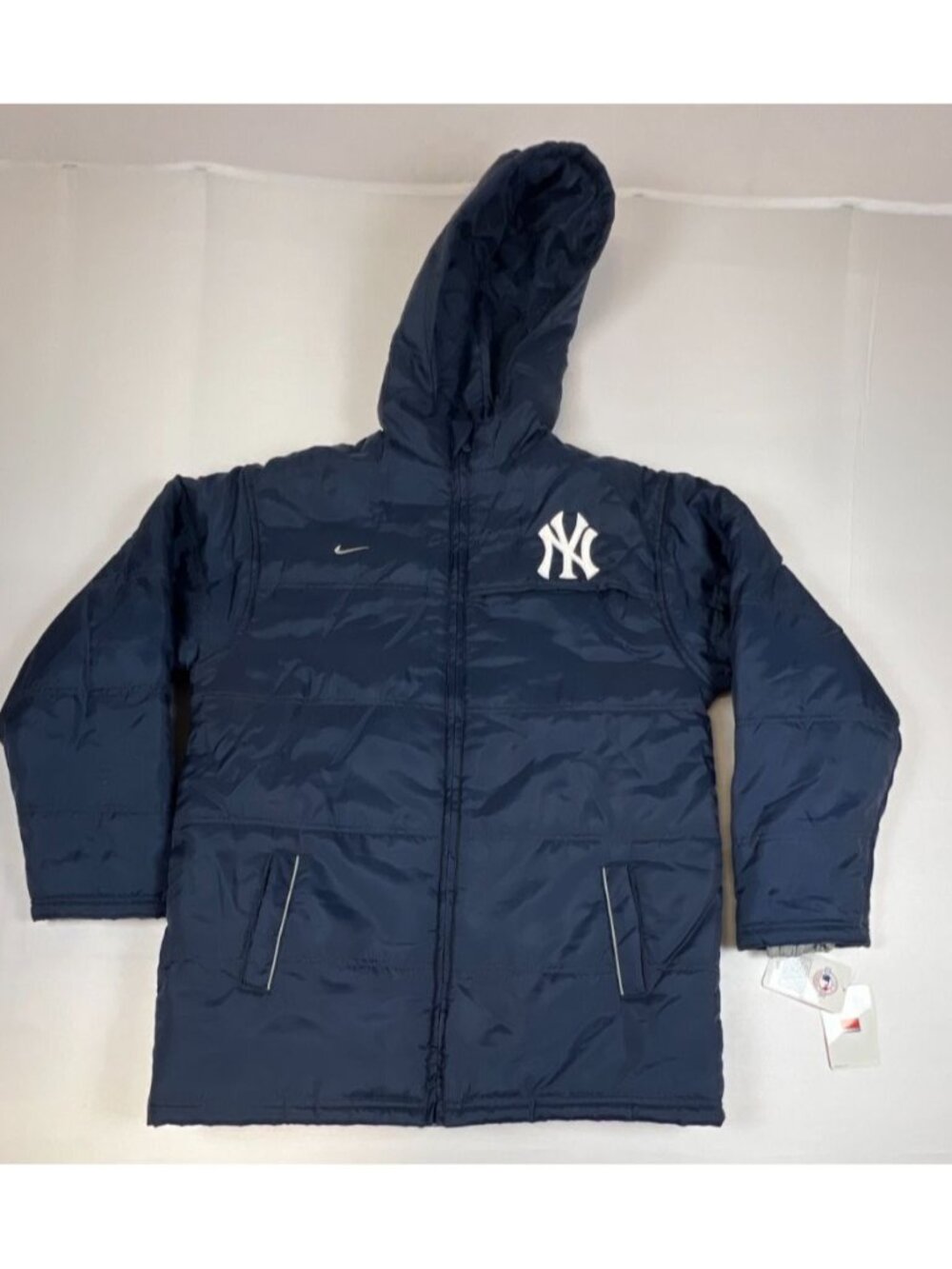 VTG Nike Men Large New York Yankees Puffer Jacket Navy Blue Hooded Full Zip MLB